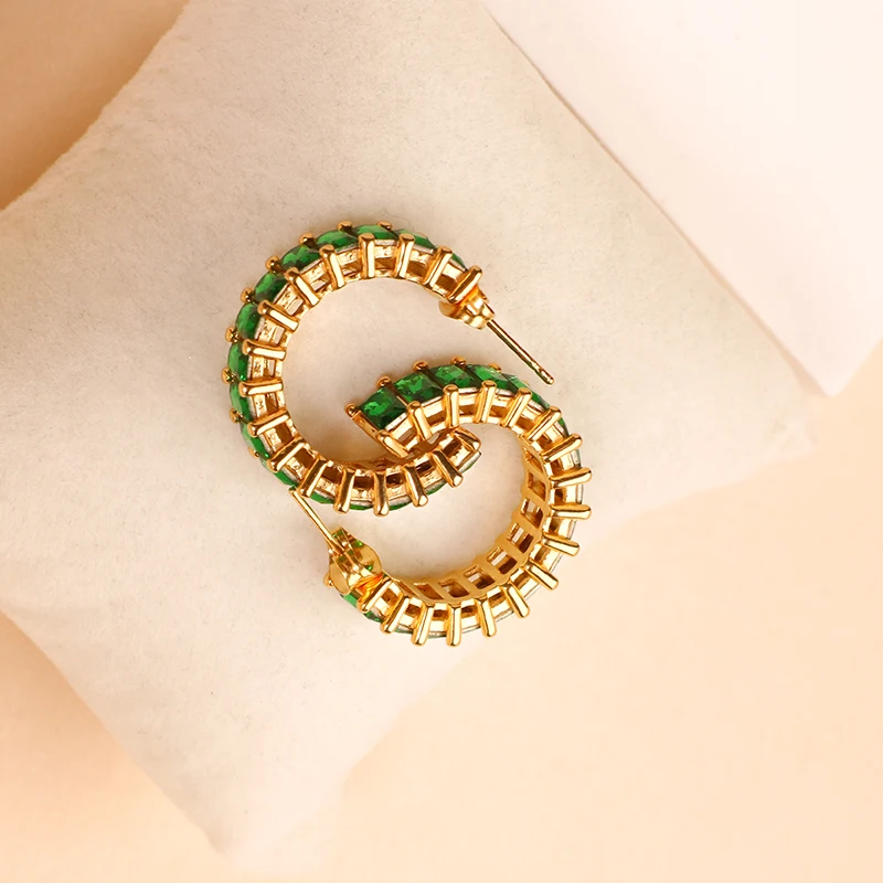 Stud Custom Earring Green Zirconia Gemstone Earring Bezel Iced Out Setting Rhinestone Hoop Earring Jewelry