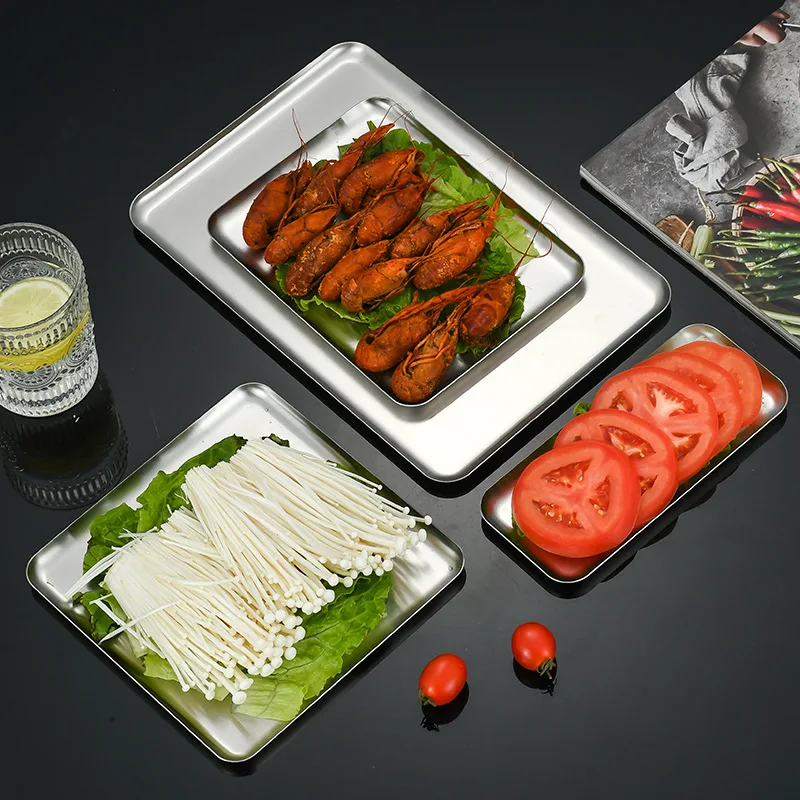 304 Silver Square Stainless Steel Rimless Plate Flat Bottomed Snack Coffee Tray Meal Tray Dishes Plates Flat Bottomed Tray