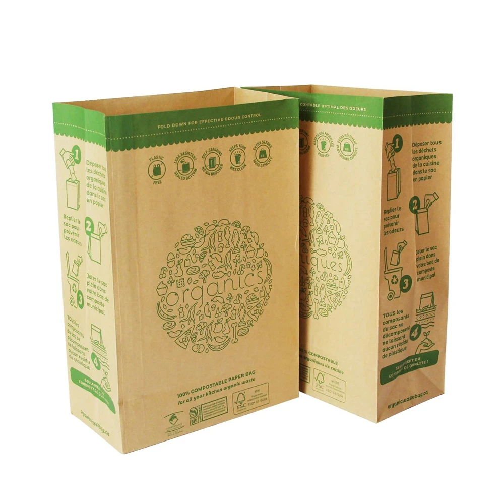 Custom Printed Compostable Food Waste Packaging Biodegradable Disposable Brown Kraft Paper Garbage Bag Without Handles
