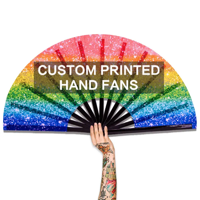 Custom Printed 13Inch Large Bamboo Folding Clack Hand Held Fan for Festivals Parties Rave Accessories