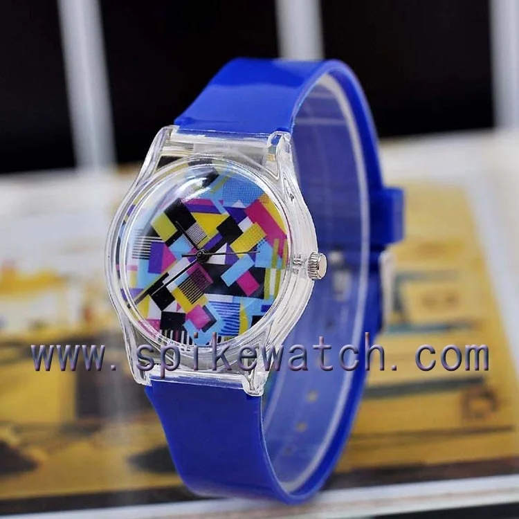 Lady vogue custom beautiful printing dial face transparent case plastic watch