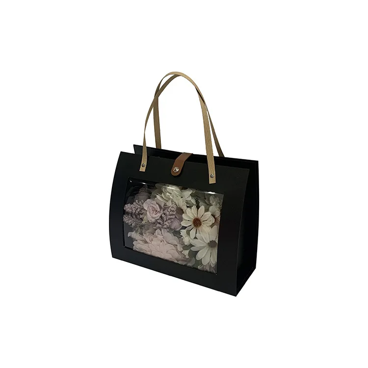 Transparent pvc window design flower gift box rectangular box with leather handle gift packaging box