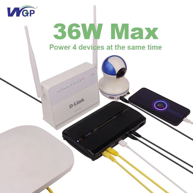 WGP ODM Multi Outputs Quick Charge 36W Online DC POE Mini UPS 5V 9V 12V 24V 48V for Access Point WiFi Router Modem ONT CPE GPON