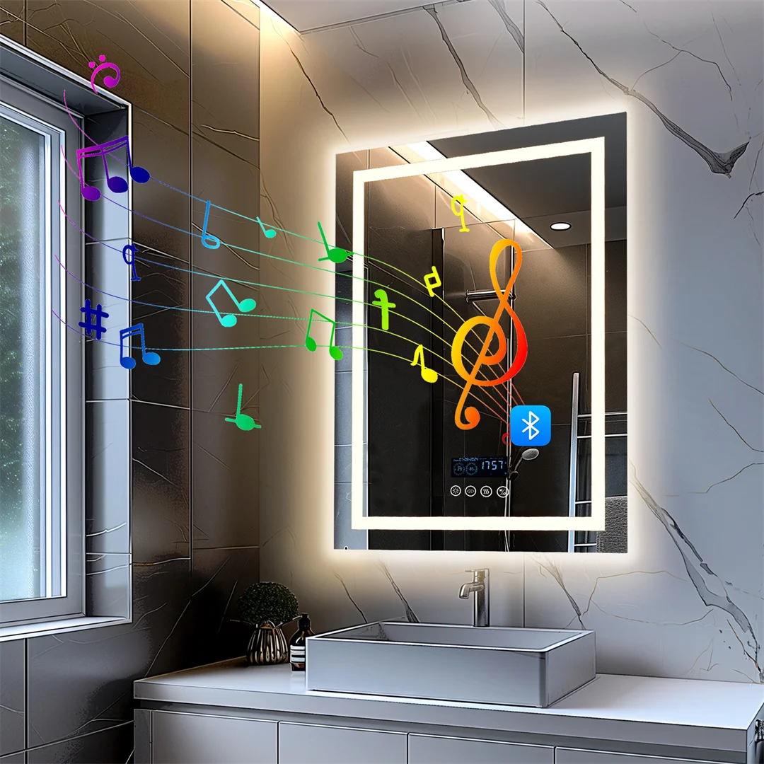 Bluetooth Bathroom Mirror Time Temperature Display Wall Hang Vanity Mirror with Dual Bluetooth Speaker Dimmable Anti-fog