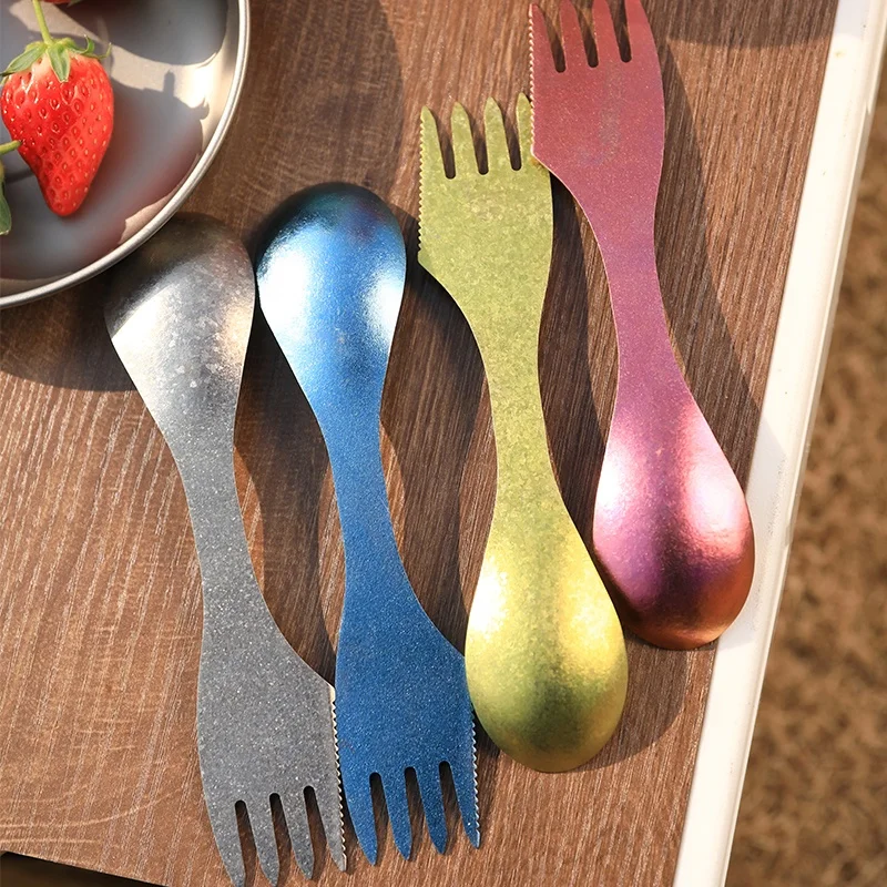 Camping Accessories 3 In 1 Camping Utensil Titanium Spork Knife Outdoor Picnic Tools Metal Spork with colorful ice flower