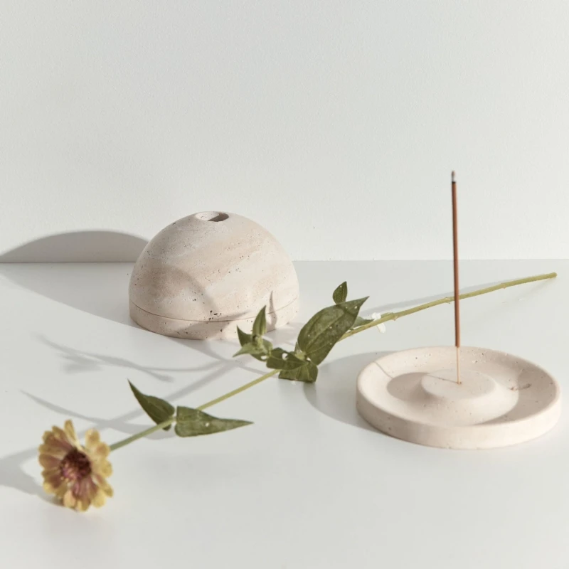 stonekocc Fragrant Insert Handmade Natural Marble Round Incense Burner Holder Beige Travertine Stone for Room / Kitchen / Coffee