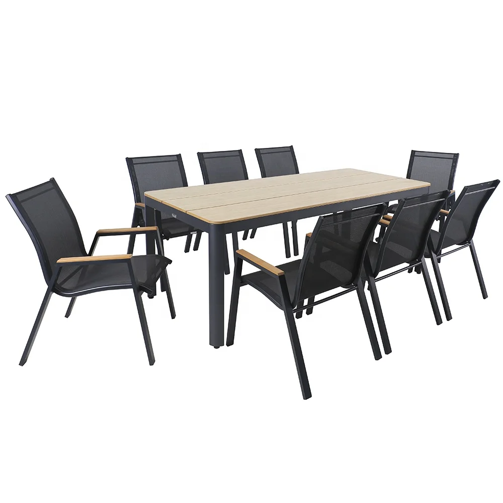 Alu Frame Plastic Wood Teslin Fabric Material Fashion Outdoor 9pcs Dining Set with 1 Table 8 Stackable Chairs