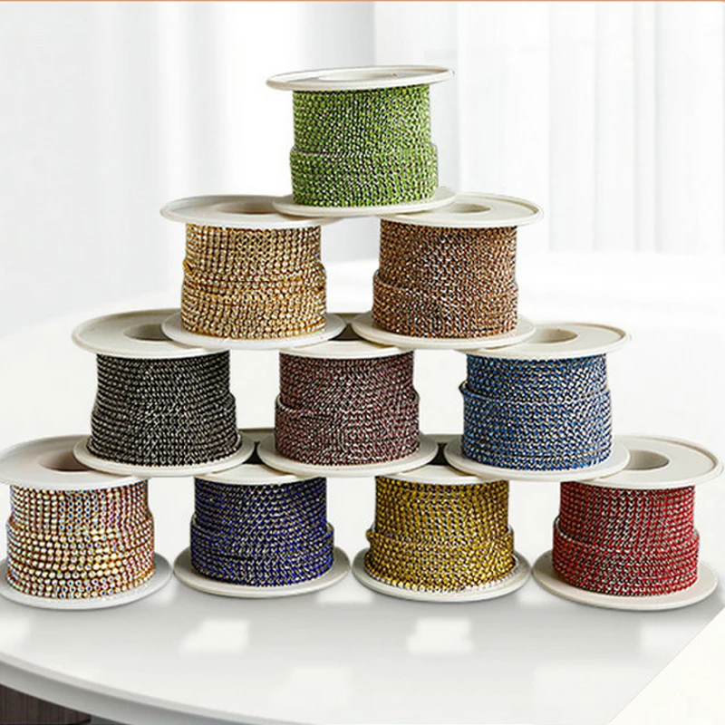 New Fashion Glass Crystal Rhinestones Chain Sew on Trimming Close Cup Rhinestone Chains Roll For Belt DIY Shoe Decoration