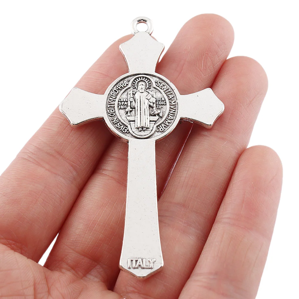 Antique Silver Saint Benedict Medal Jesus Christ Crucifix Cross Charms Pendants For Necklace DIY Jewelry Making 70x41mm