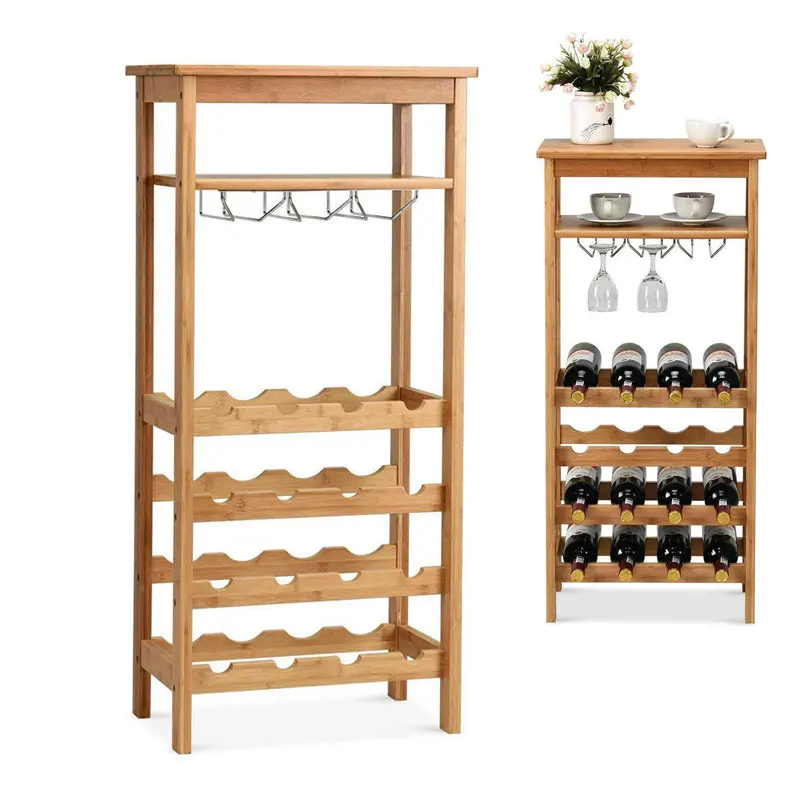 Бамбуковый отдельно стоящий прочный сверхмощный Универсальный современный винный стеллаж для хранения бутылок со стеклянной вешалкой и полкой