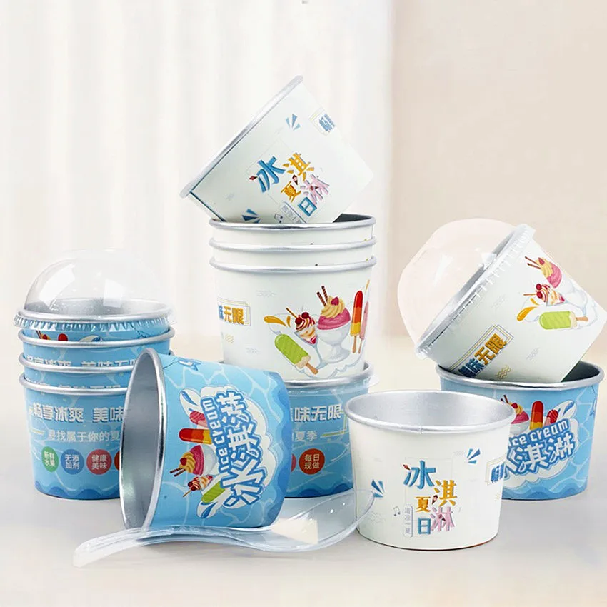 Customizable disposable kraft paper cup with lid circular yogurt paper bowl ice cream containers