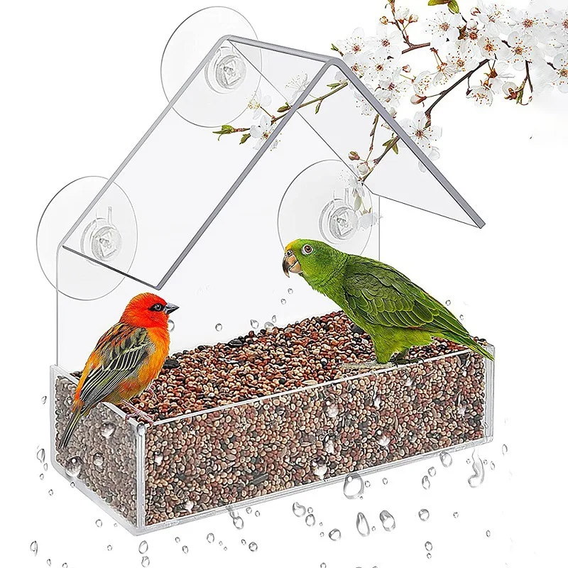 Hot Selling Acrylic Bird Cage Outdoor Adsorption Bird Feeder Transparent Plexiglass Pet Bird Feeder