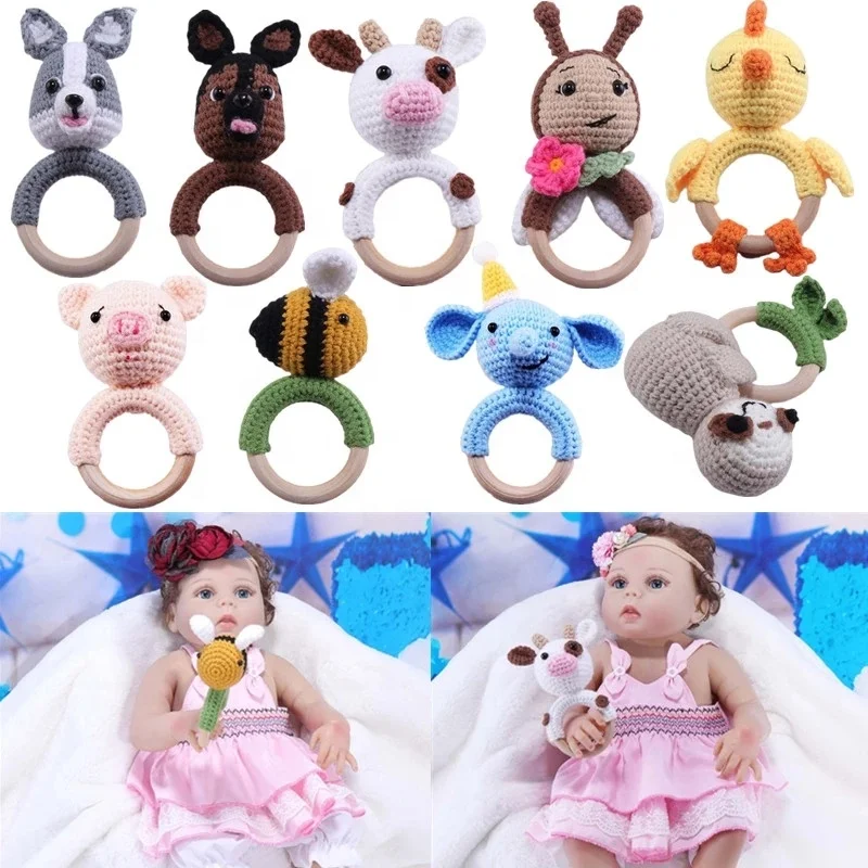 Custom baby crochet handmade rattle toy shaker whale teethers pacifier clip beech wood animal chewing toys gift set