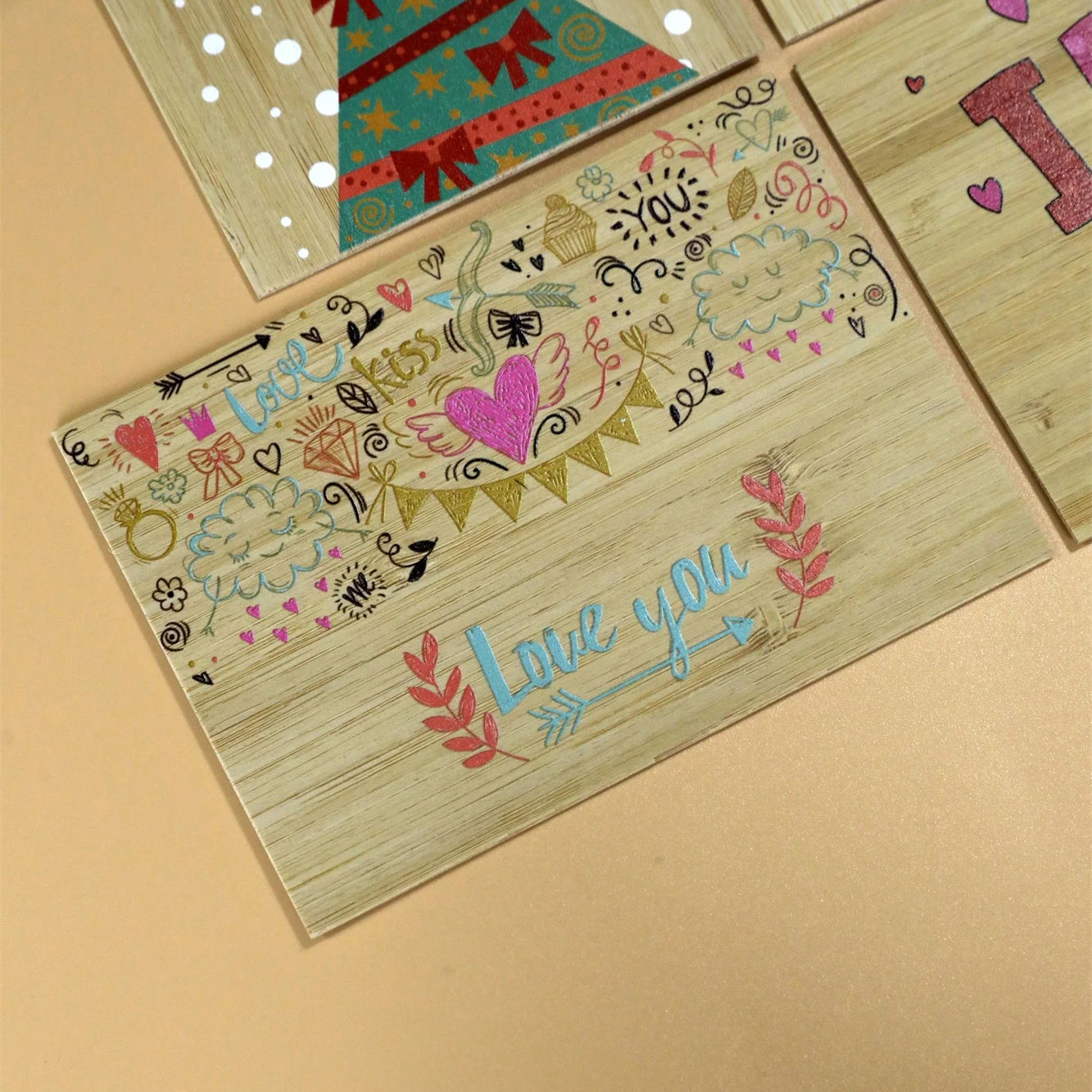 Engraved Wood Holiday Greeting Card with Love Theme Handcrafted Customizable Design for Special Occasions