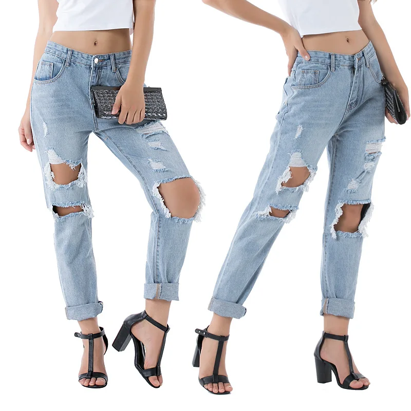 
Foreign trade summer new fashion multi-hole jeans of 2020 Wish high waist pocket trousers waist wholesale 