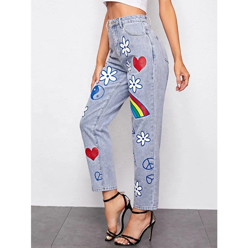 NVFelix 2022 Spring New Style Ladies Personalize Cute Colorful Daisy Paint Mom Jeans