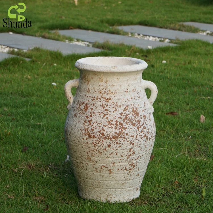 Wholesale custom vintage textured round terracotta pottery jar antique beige vase home decorative flower vases with handles