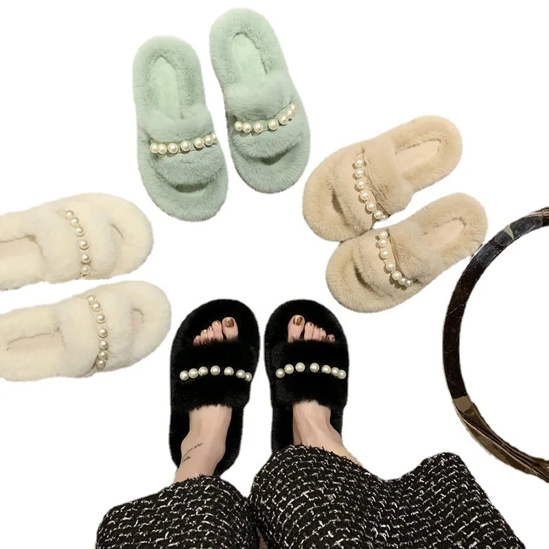 Cotton slippers wool slippers female outer wear net red autumn and winter cute pearl velvet home a word tide