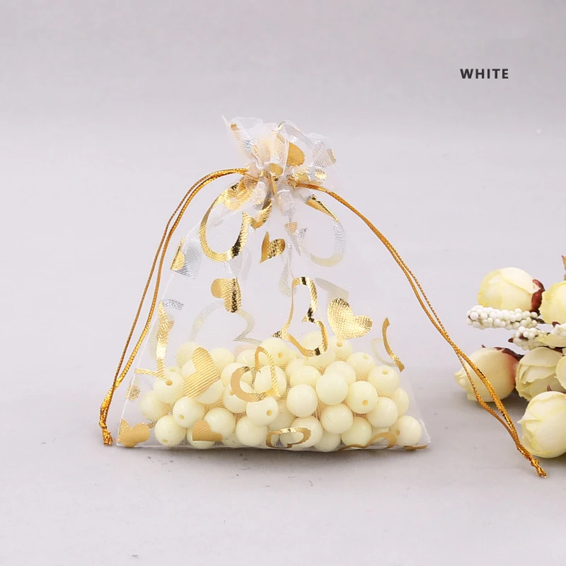 Ready to Ship Organza Bag 20x30 cm Gold Heart Print Small Gold String Gift Pouches Soap Net Drawer Bags Gift Packaging Bag