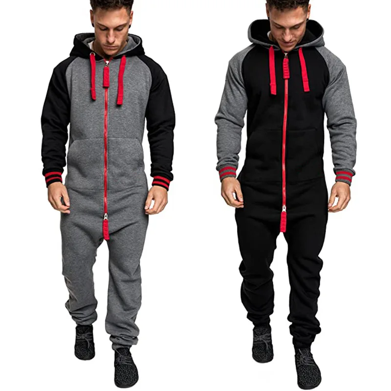 
Cheap Thick Matching Color Overalls for Men Hooded Front Zipper Cotton Men Pant 