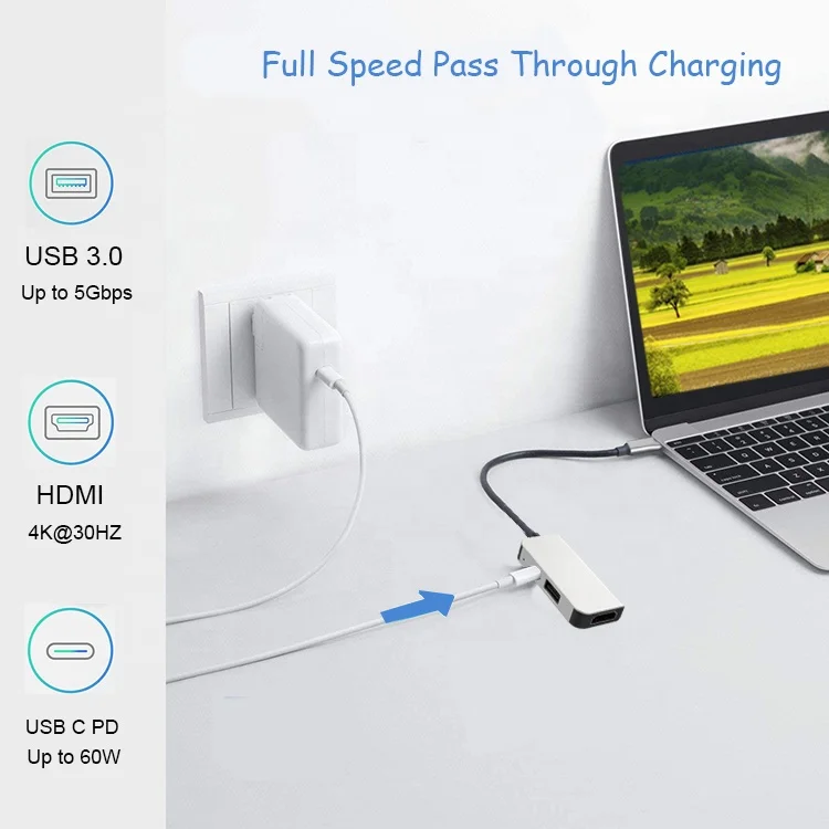 3 in 1 USB C port to PD USB 3.0 HDMI Type C hub adapter laptop docking station