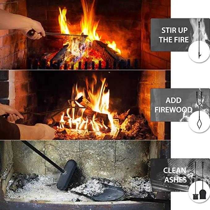 5 Pieces Fireplace Tools Set Indoor Wrought Iron Fire Set Fire Place Pit Modern Black Outdoor Accessories Kit Fireplace Tools