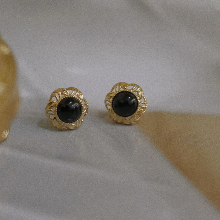 Luxury Fashion Pure Real 18K Gold Black Onyx Earrings Jewelry Women Ladies Female Bridal Engagement Wedding Earrings