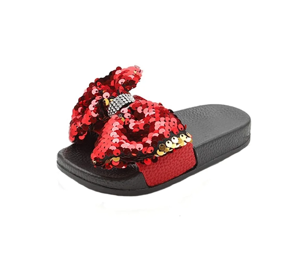 FREE SAMPLE Girls Glitter Slides Slippers Black Sequin Bow Shoes for Kids Beach PVC Molded Foot bed Flat form Sandals