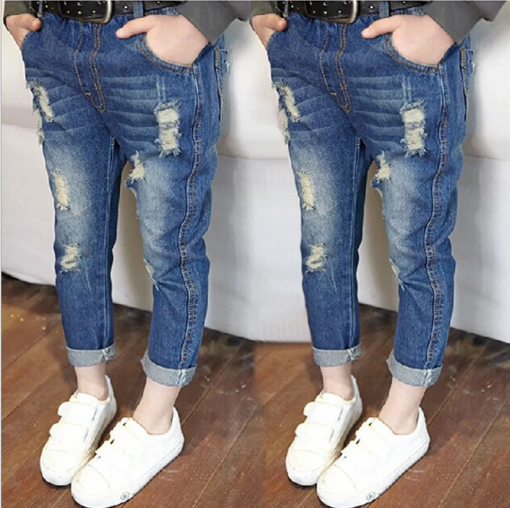 
Custom Wholesale Factory Children Teen Girls Fashion designer distressed Denim Pants Spring Kids Ripped Jeans 