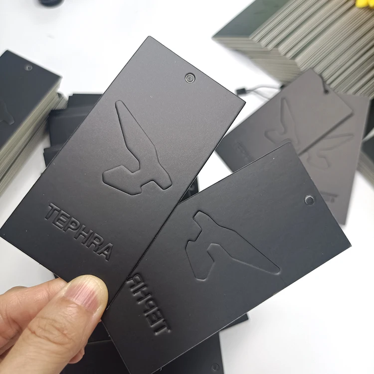 Custom embossed logo design black black cardboard art paper price tag hang tags clothing,printed garment hangtag