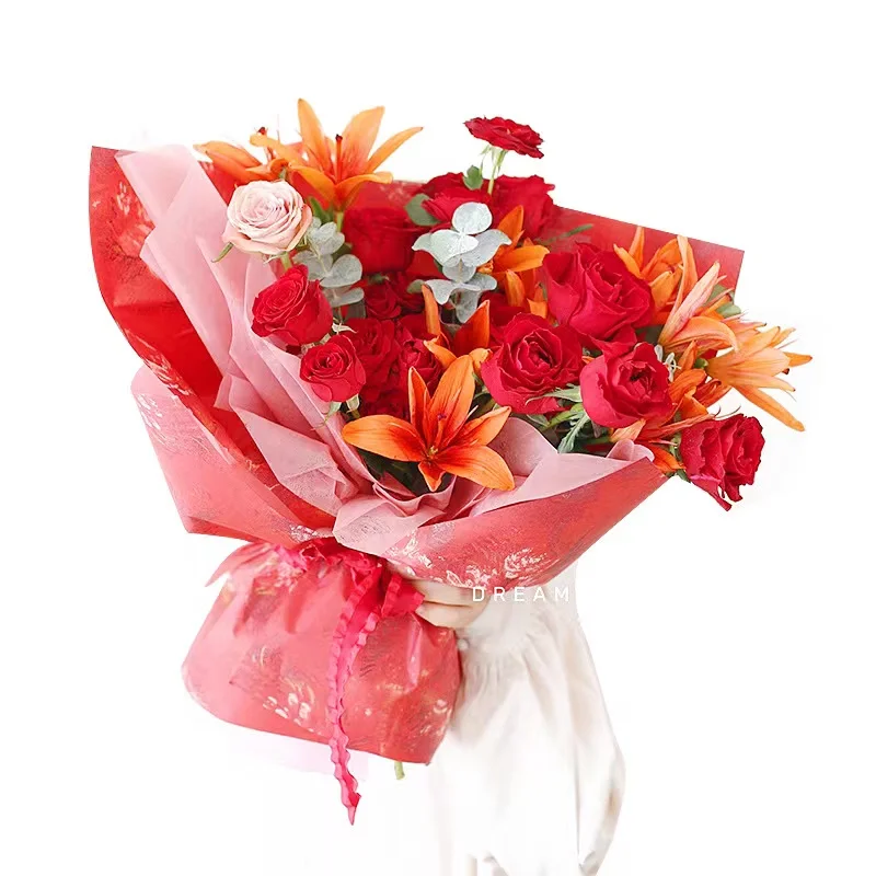 Custom Korean Gift Floral Pink Packaging Golden Edge Florist Wrapping Paper With Logo Waterproof Flower Wrapping Paper Roll