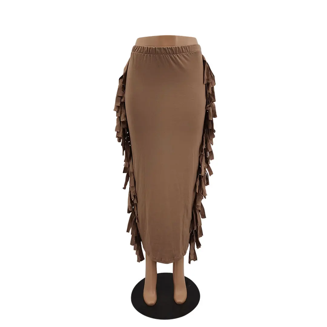  New Arrivals Fall Winter Fashionable Solid High Elastic Waist Tassel Skirt Women Long Maxi Skirts
