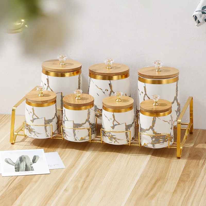 Wholesale Luxury Gold Marble Container Set Seasoning Condiment Jars Set Kitchen Ceramic Storage Jar