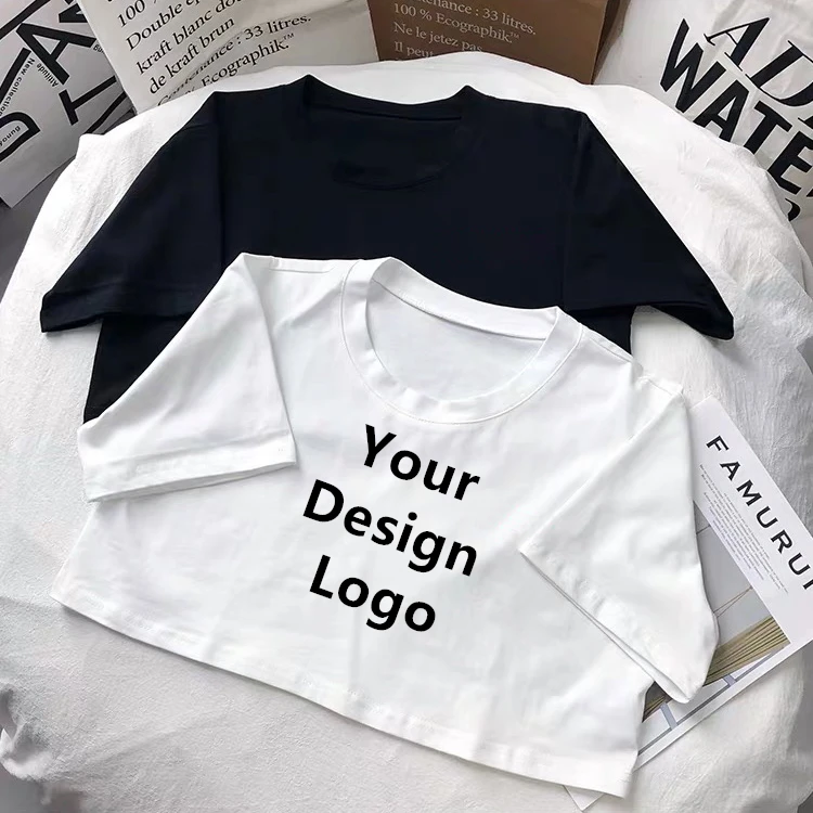 Недорогой короткий топ без рисунка с короткими рукавами, футболка с индивидуальным принтом dtg, 100% хлопок, женский простой сексуальный Свободный кроп-топ, футболка с логотипом