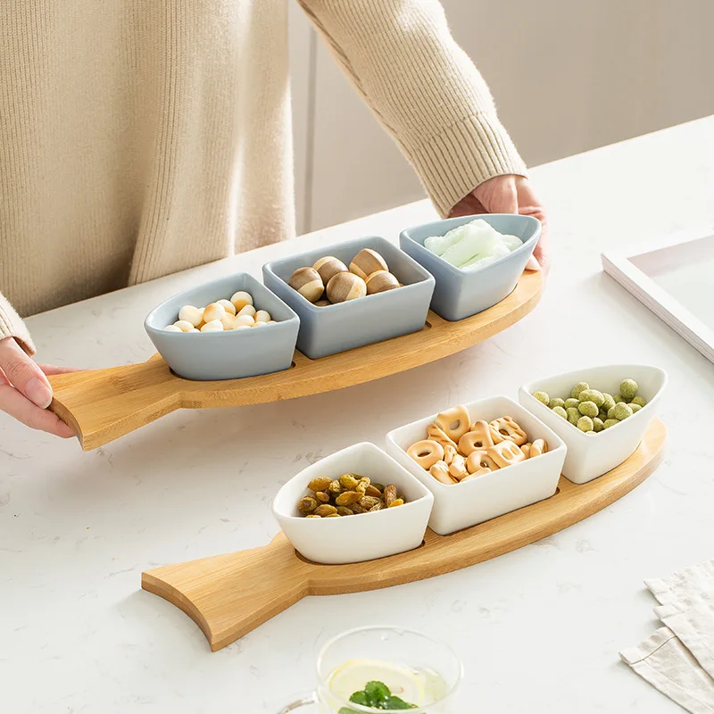 
Nordic minimalist matte color glaze ceramic snack bowl platter fish-shaped plate snack plate with wooden support base set 