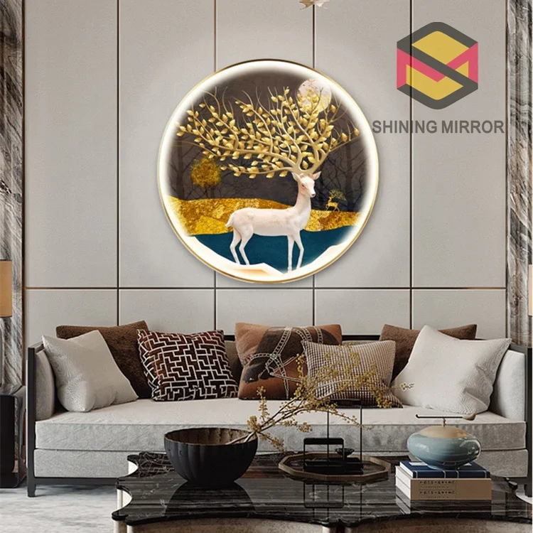 Customized Decorative 3d 5d   Art Pictures aluminum frame large round wall hanging with led light painting for sale