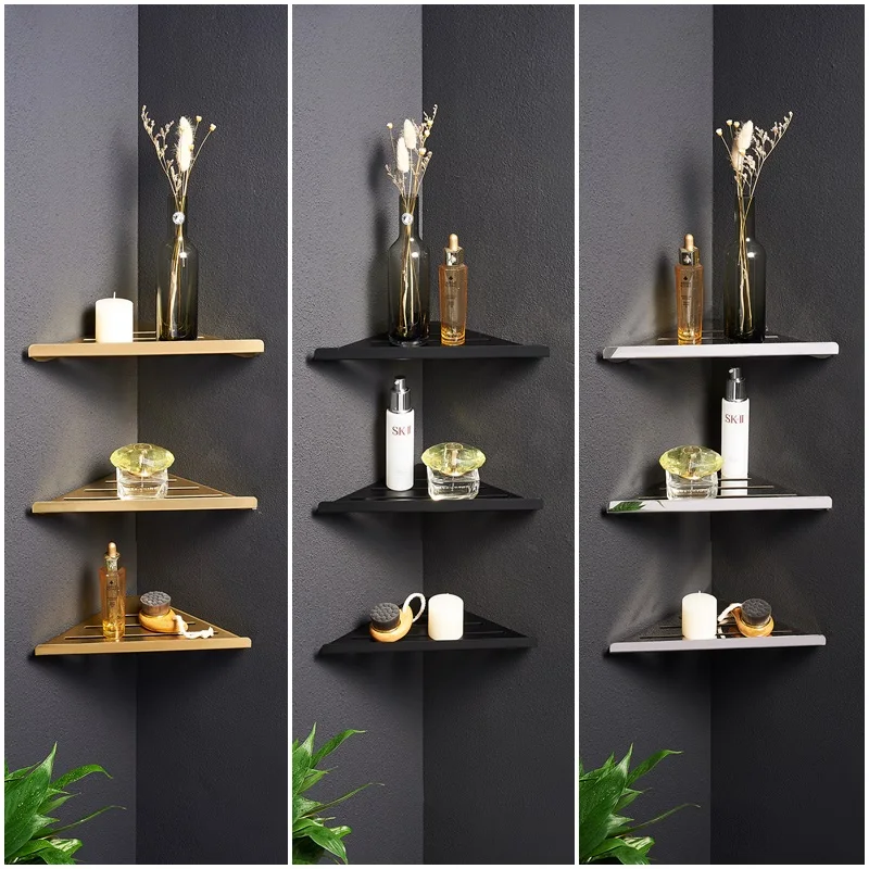 Brushed Gold Triangle design Wall Mount 304 Stainless Steel Gold Bathroom corner shelf