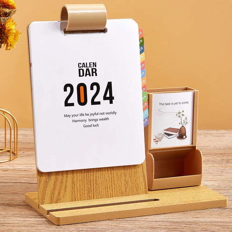 2024 multi-functional wooden frame loose-leaf buckle creative simple office desktop decoration mobile phone stand desk calendar