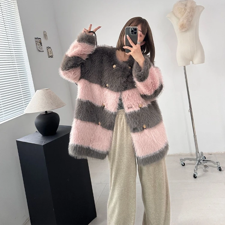 Women Faux Fox Fur Cozy Fluffy 2 Colorway Double Breasted Long Sleeve Crew Neck Faux Fur Casual Fashion Women Fox Fur Coat