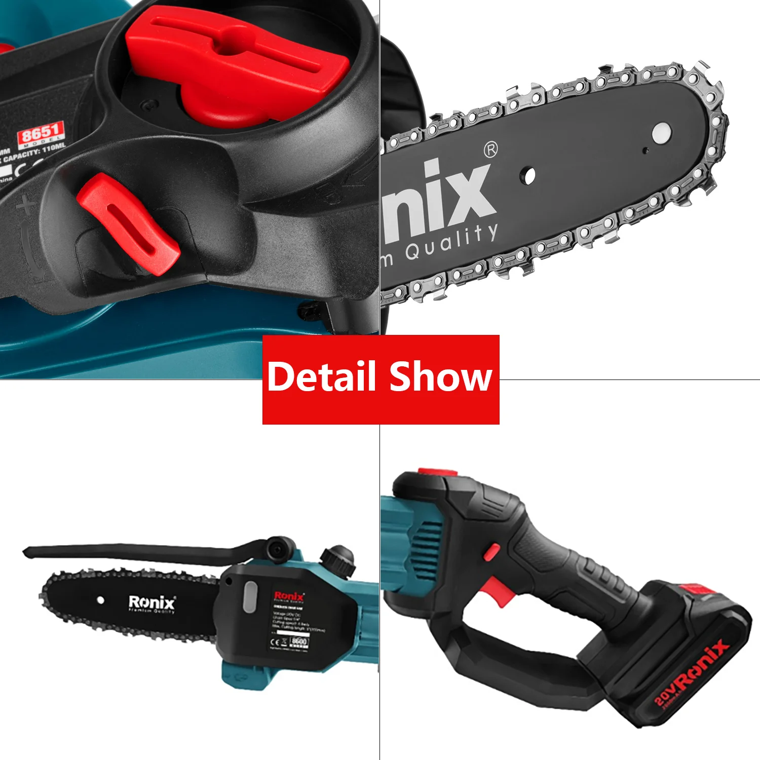 Ronix 8600 4.0Ah Chain Saw Kit 150mm Brushless Motor Direct Drive Variable Speed 1500 Rpm Cordless Chain Saw