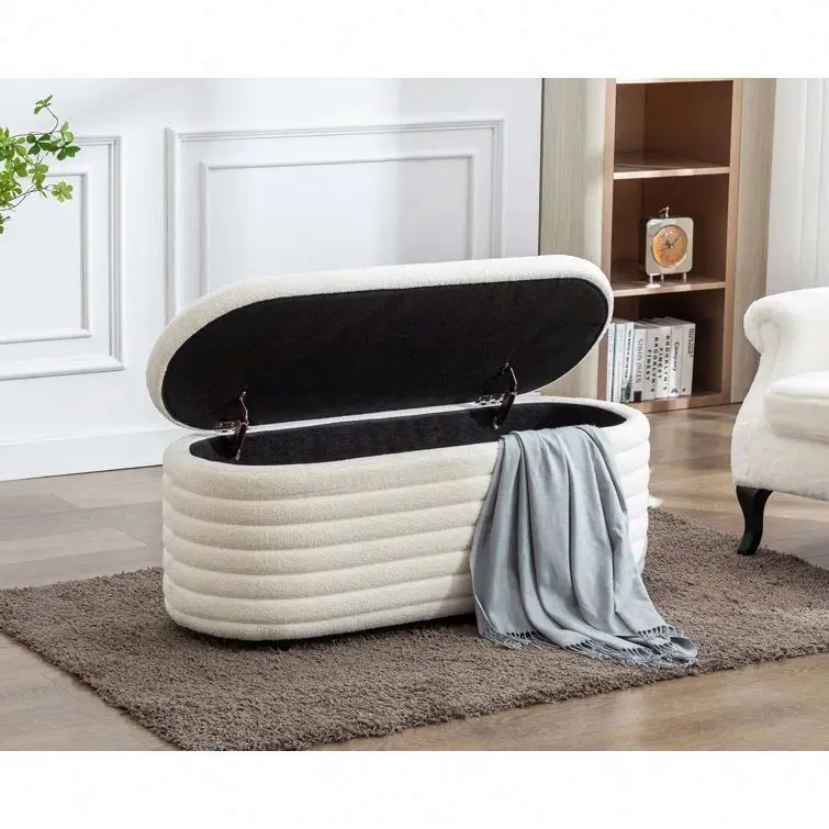 Hot Sales Modern Lambswool Bedroom Upholstered  Ottoman Footrest With Wooden Legs Benches