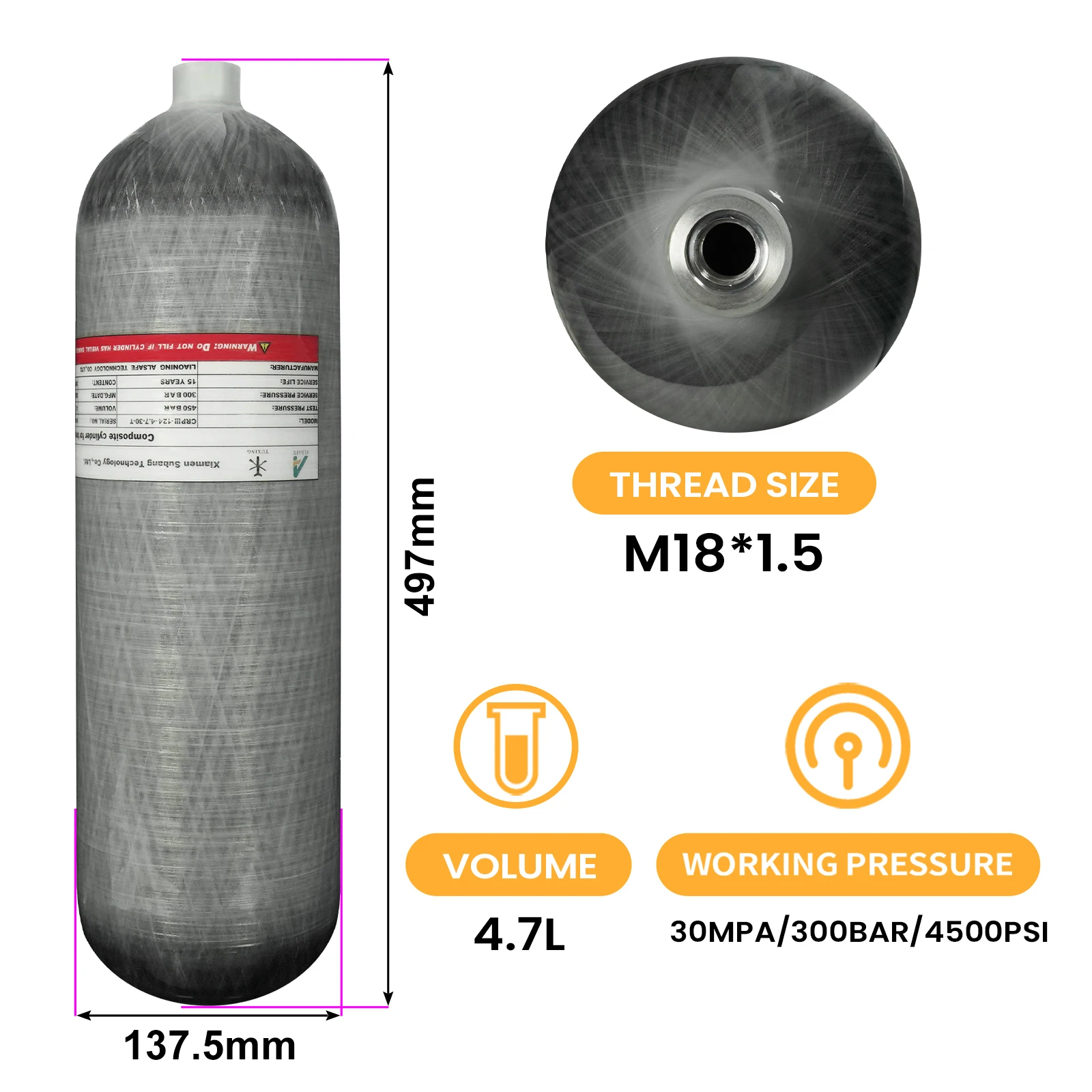 TUXING China Suppliers ODM High Quality Hardness 4.7L High Pressure 300bar 4500psi Breathing Swimming Carbon Fiber Gas Cylinder