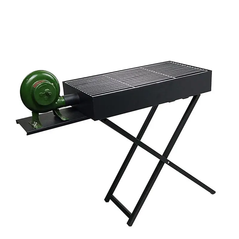 portable folding charcoal BBQ grill camping steel with manual blower 60x30cm