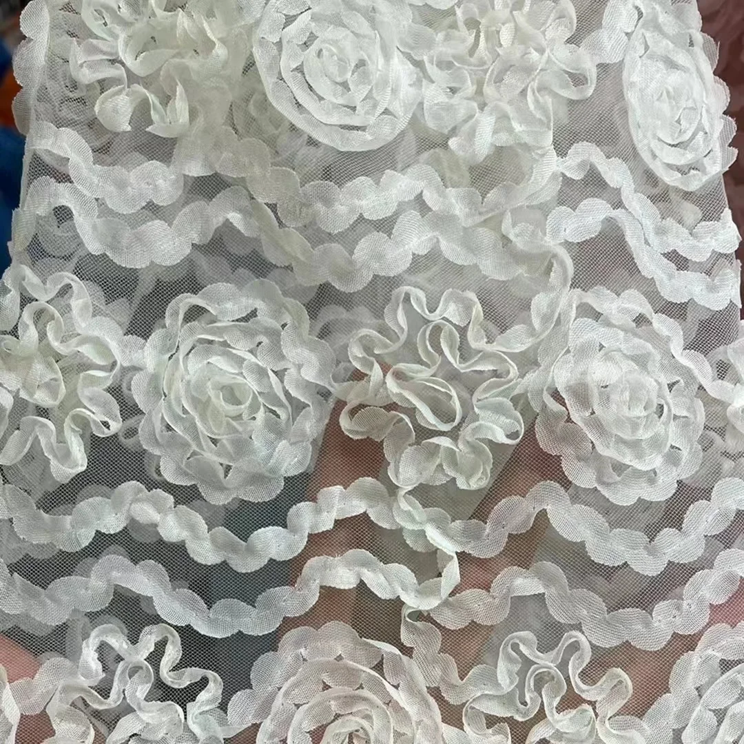 Factory Supply Wholesale Pink Lace Vintage 3d Rose Floral Pattern Embroidery Fabric Rosette Fabric For Wedding Dress