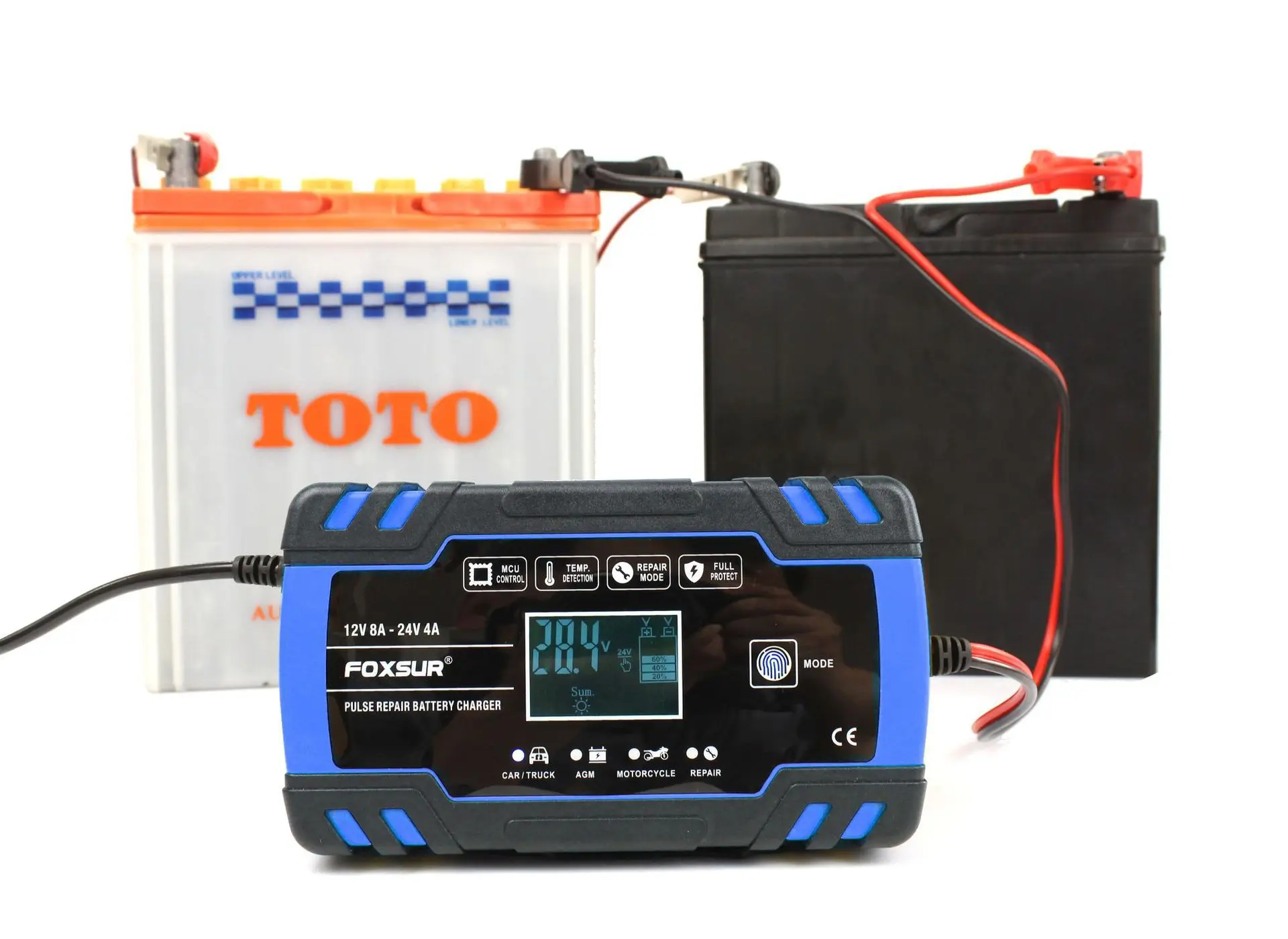 12/24V 8A Touch Screen Pulse Repair LCD Fast Power Charging Wet Dry Lead Acid Car Battery Charger