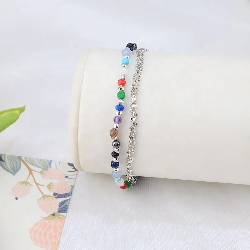 High Quality Rainbow Colorful Natural Irregular Stone Beads Lanyard With Link Chain 925 Silver Charm Bracelet For Women