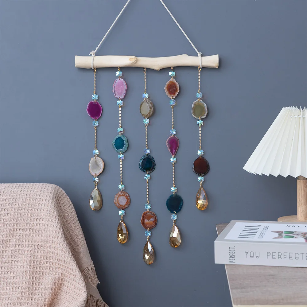 Wholesale Agate Wooden Stick Wall Hanging Dream Catcher Room Window Wind Chimes Crystal Agate slices Crystals Sun Catcher SC060