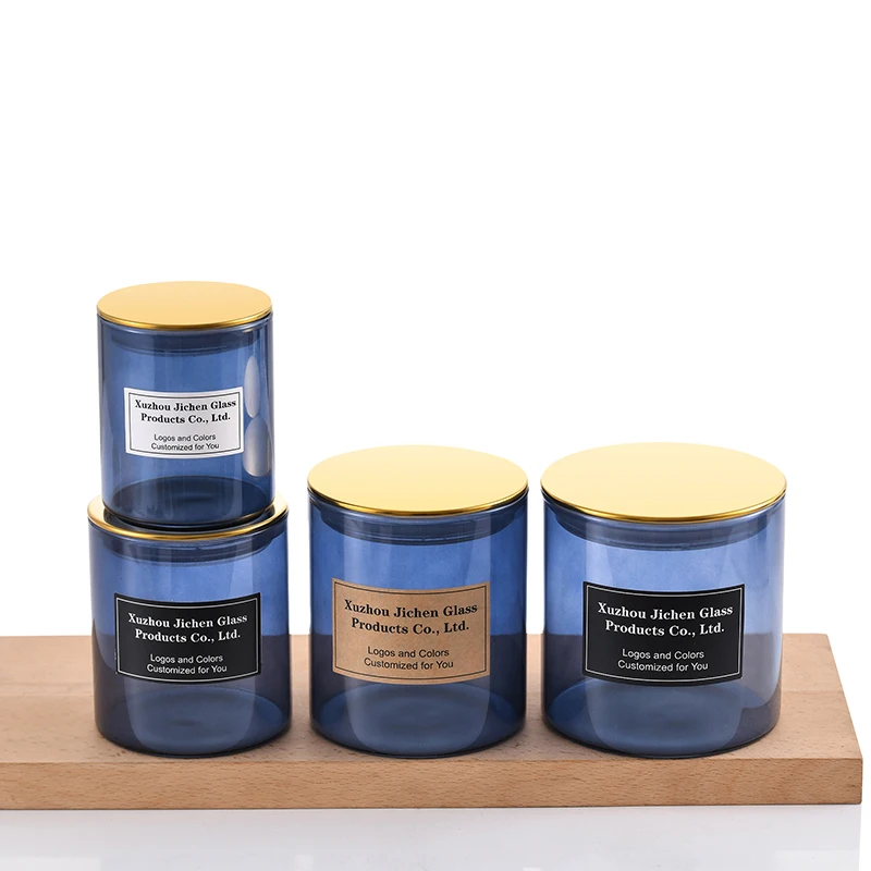 Scented 3oz 5oz 7oz 10oz 12oz 15oz 20oz blue straight soy wax high borosilicate empty glass candle jar with black metal lid