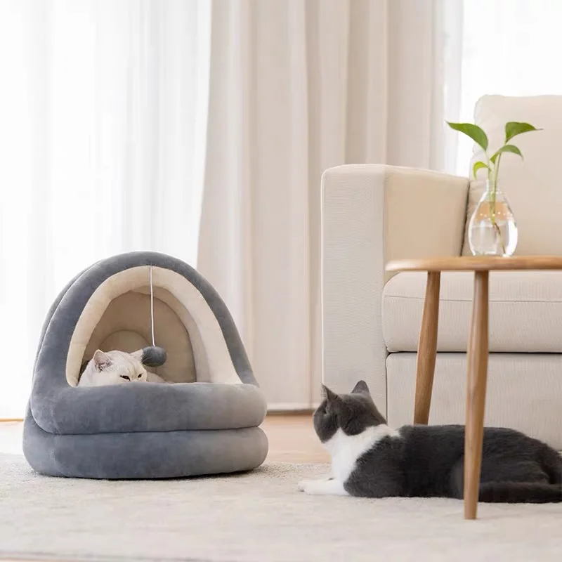 Warm Cat Calming Bed House with Ball Toys Pet Bed for Cats and Dogs Pet Supplies cave hooded cat bed
