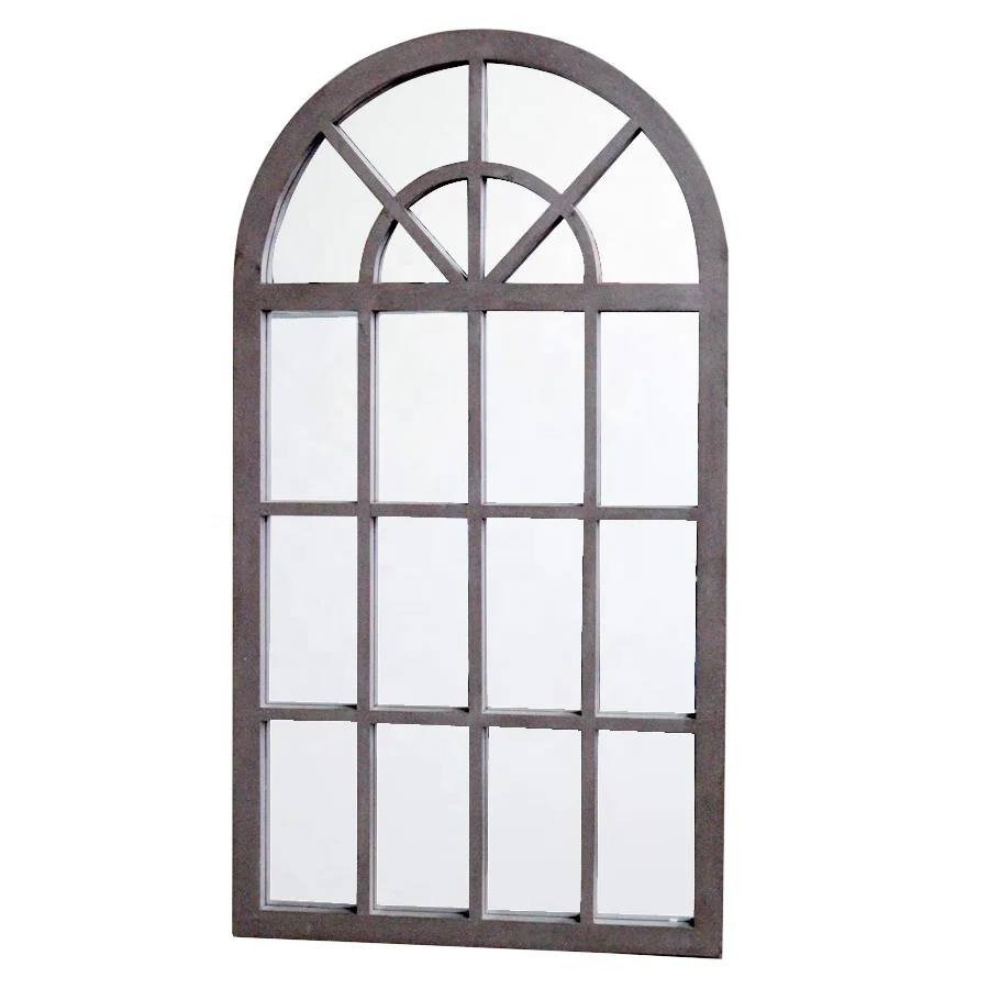 Luckywind Rustic Farmhouse Distressed White Wood Window Mirror, Vintage Decorative Arched Window Frame Wall Mounted Mirror
